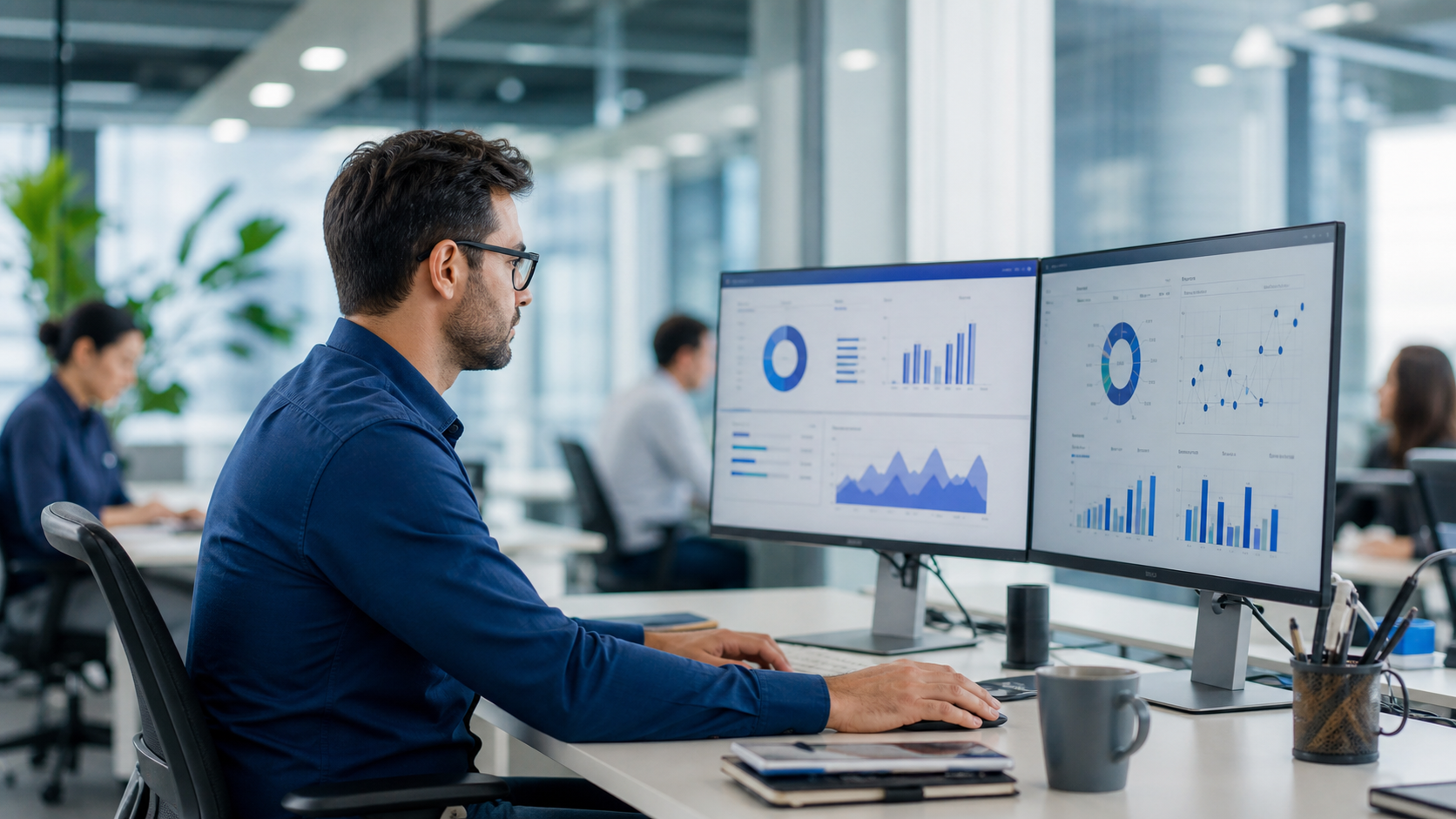 IT procurement analyst comparing technology options in a modern office